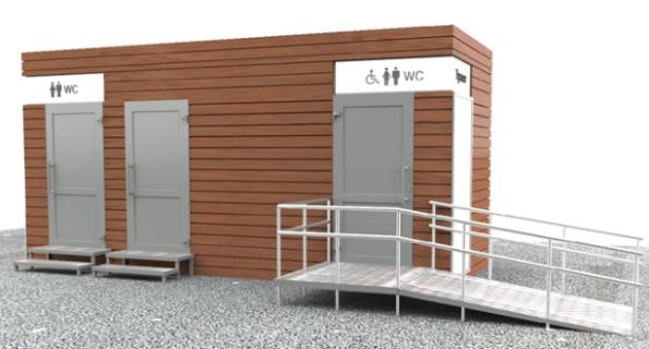 Антивандальный туалетный модуль с двумя кабинами и отделением для инвалидов